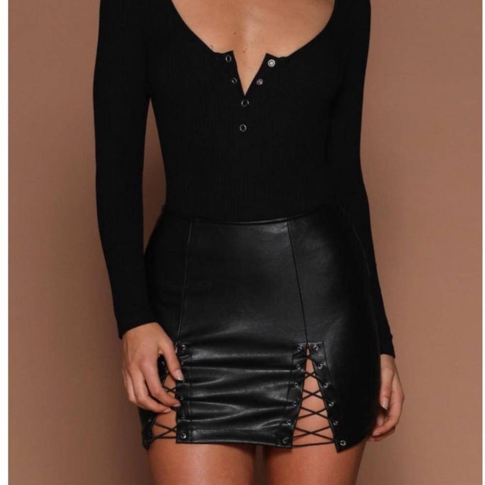 Meshki Black Faux Leather Lace-Up Mini Skirt